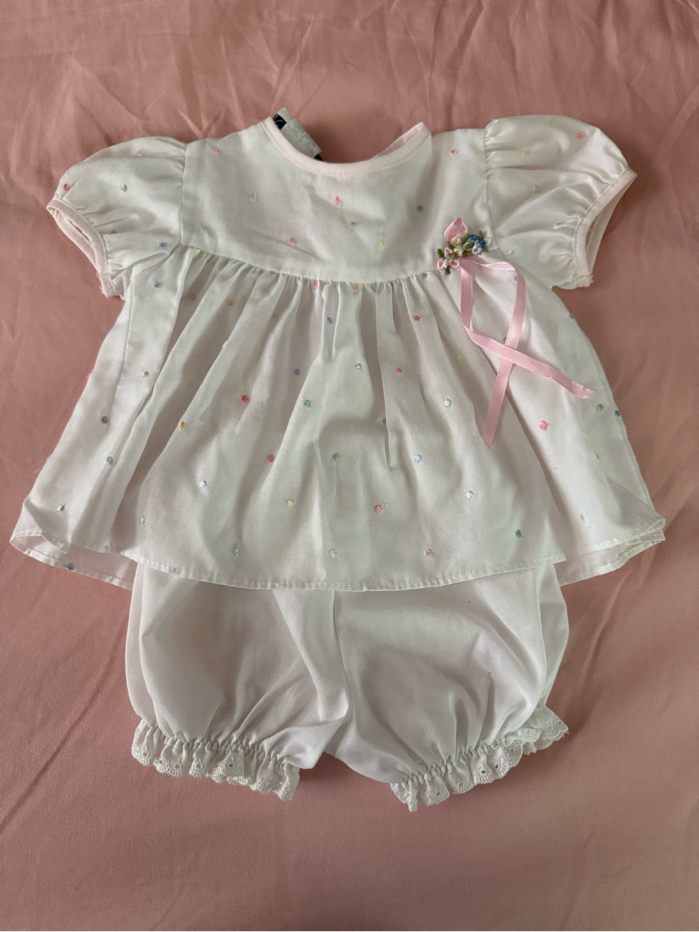 Vintage White Infant Two-Piece Set with Pastel Embroidery and Pink Ribbon